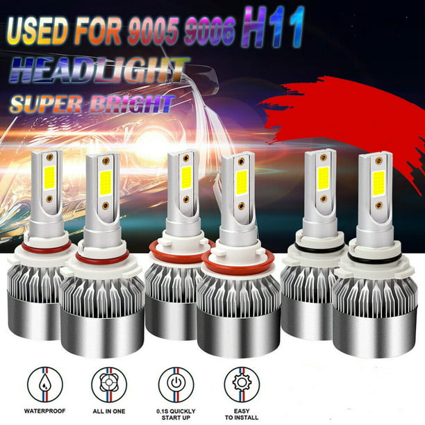 9005 H11/H8/H16 6pcs LED Headlights High Low Beam+Fog Light Bulbs 6000K 9006